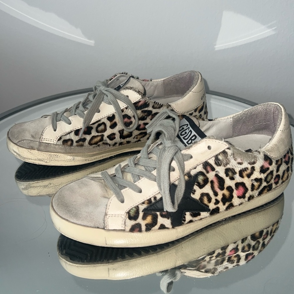 GOLDEN GOOSE Superstar distressed rainbow leopard calf hair, leather & suede